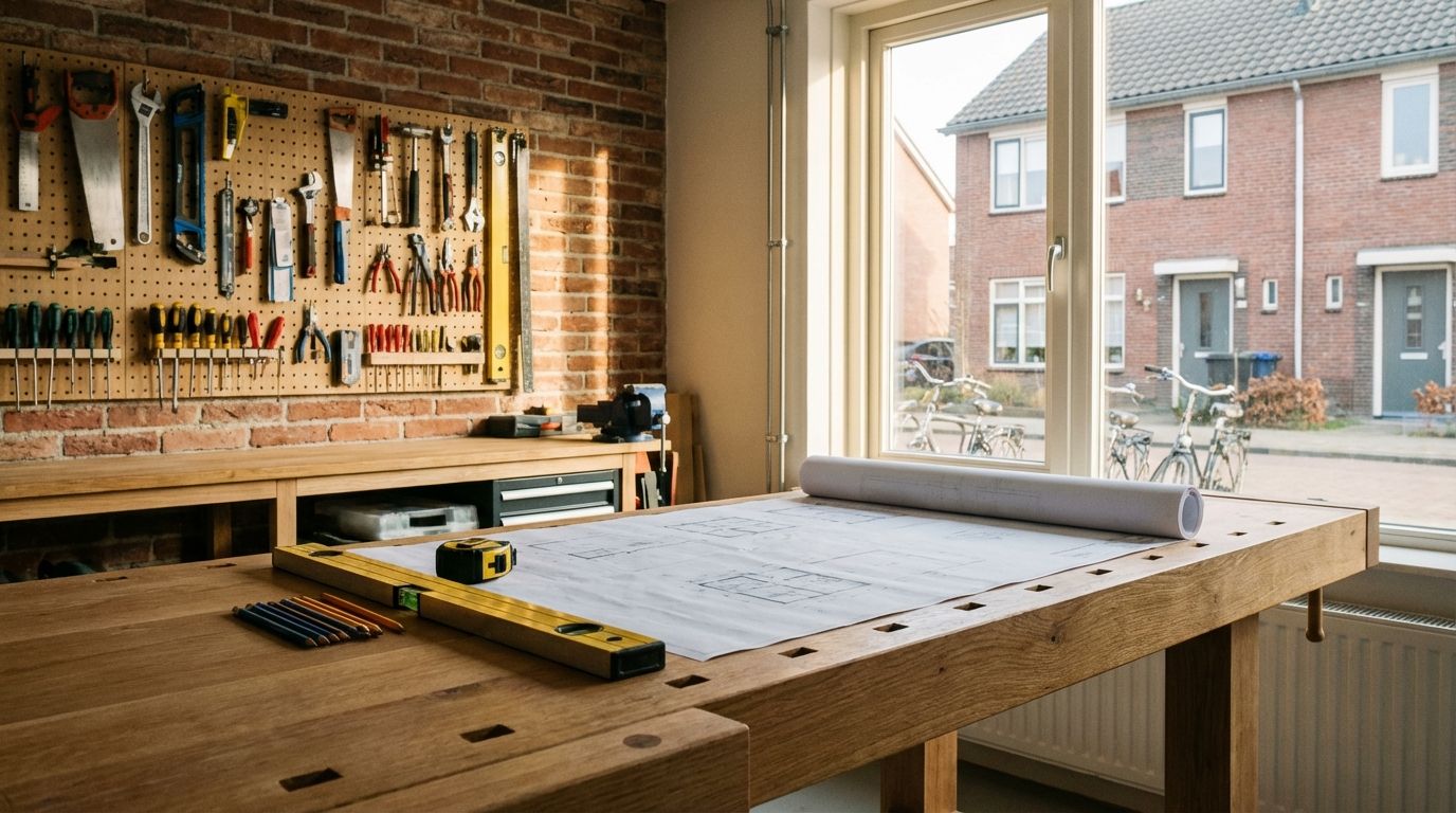 Architect handen met bouwtekeningen op houten bureau
