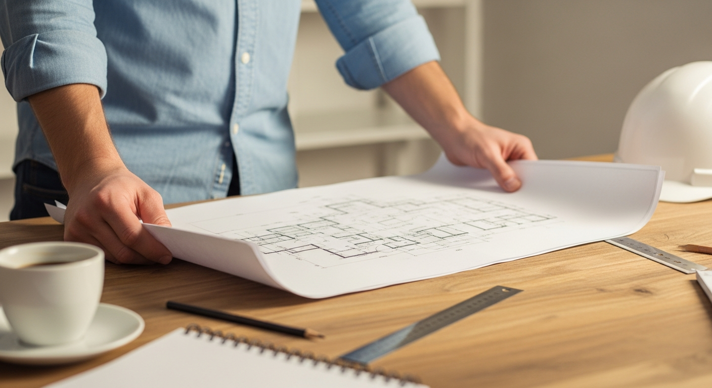 Architect handen met bouwtekeningen op houten bureau