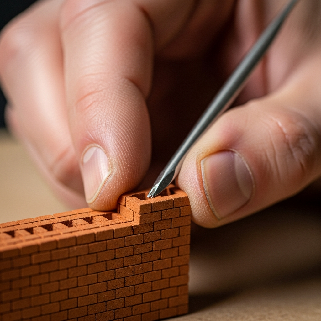 Vakman die een baksteen plaatst op verse mortel