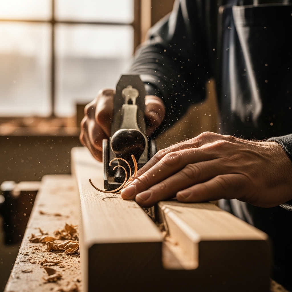 Vakman aan het werk met houten balk en hand plane