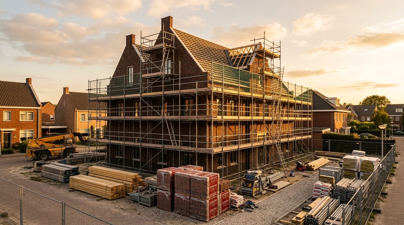 Bouwteam aan het werk op een nieuwbouw villa bij gouden uur