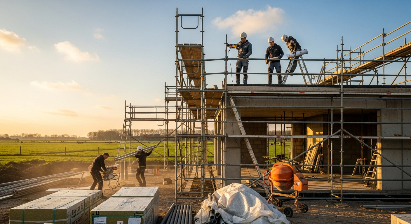 Bouwteam aan het werk op een nieuwbouw villa bij gouden uur