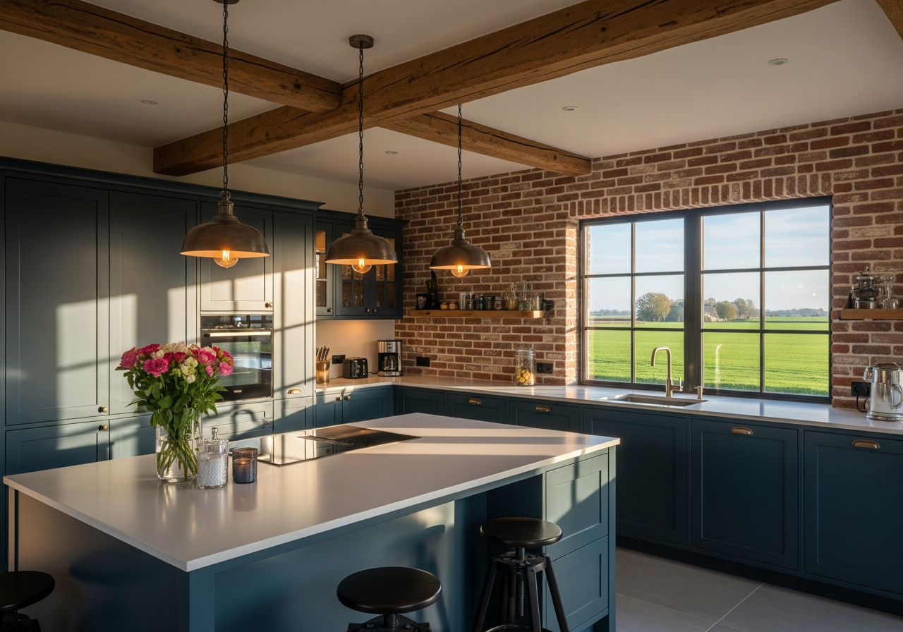 Modern interieur met houten balken en grote ramen