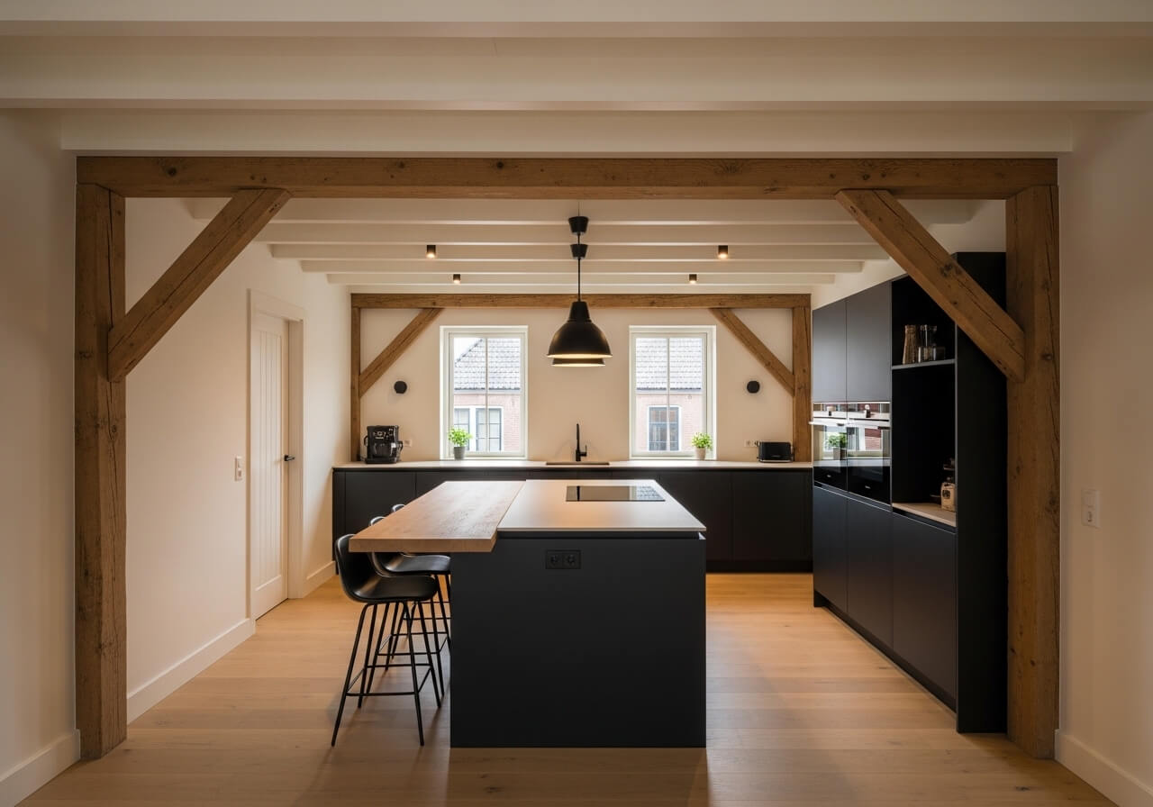 Renovatie Den Haag — interieur met houten balken en bakstenen muur