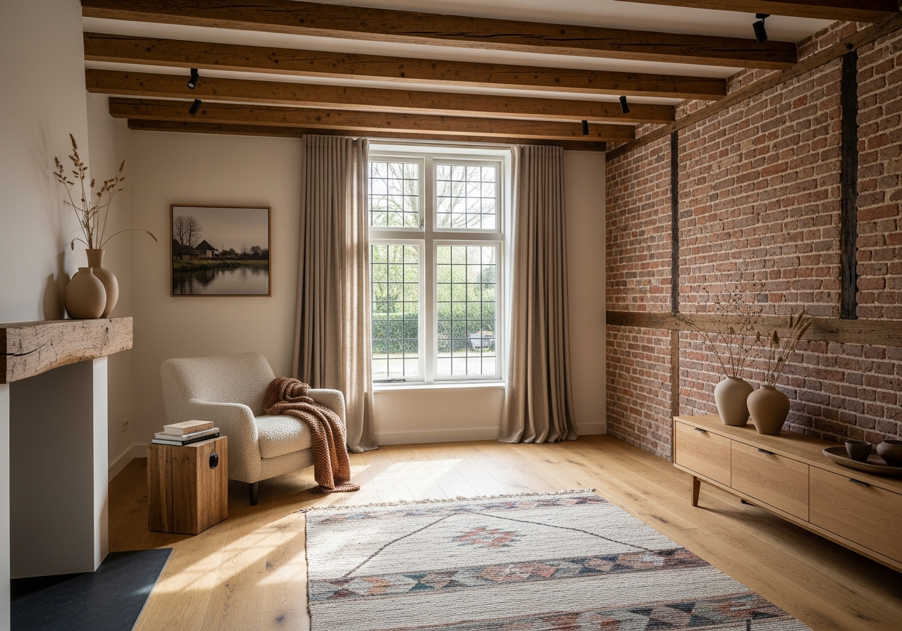 Renovatie Den Haag — interieur met houten balken en bakstenen muur